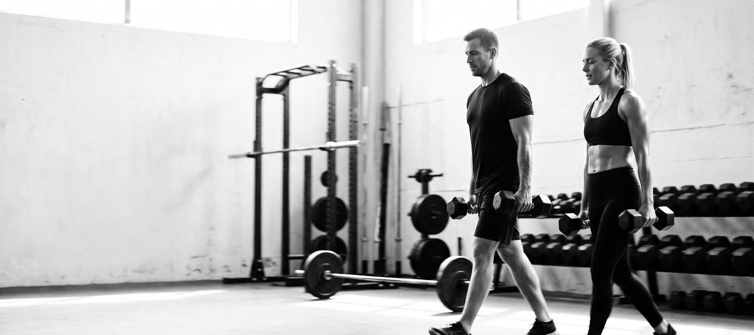 Two people training with dumbbells, black and white frame