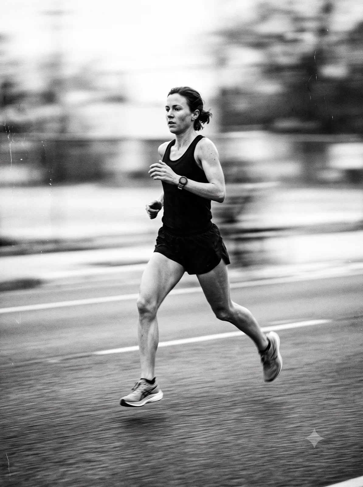 Female runner in full stride, black and white frame