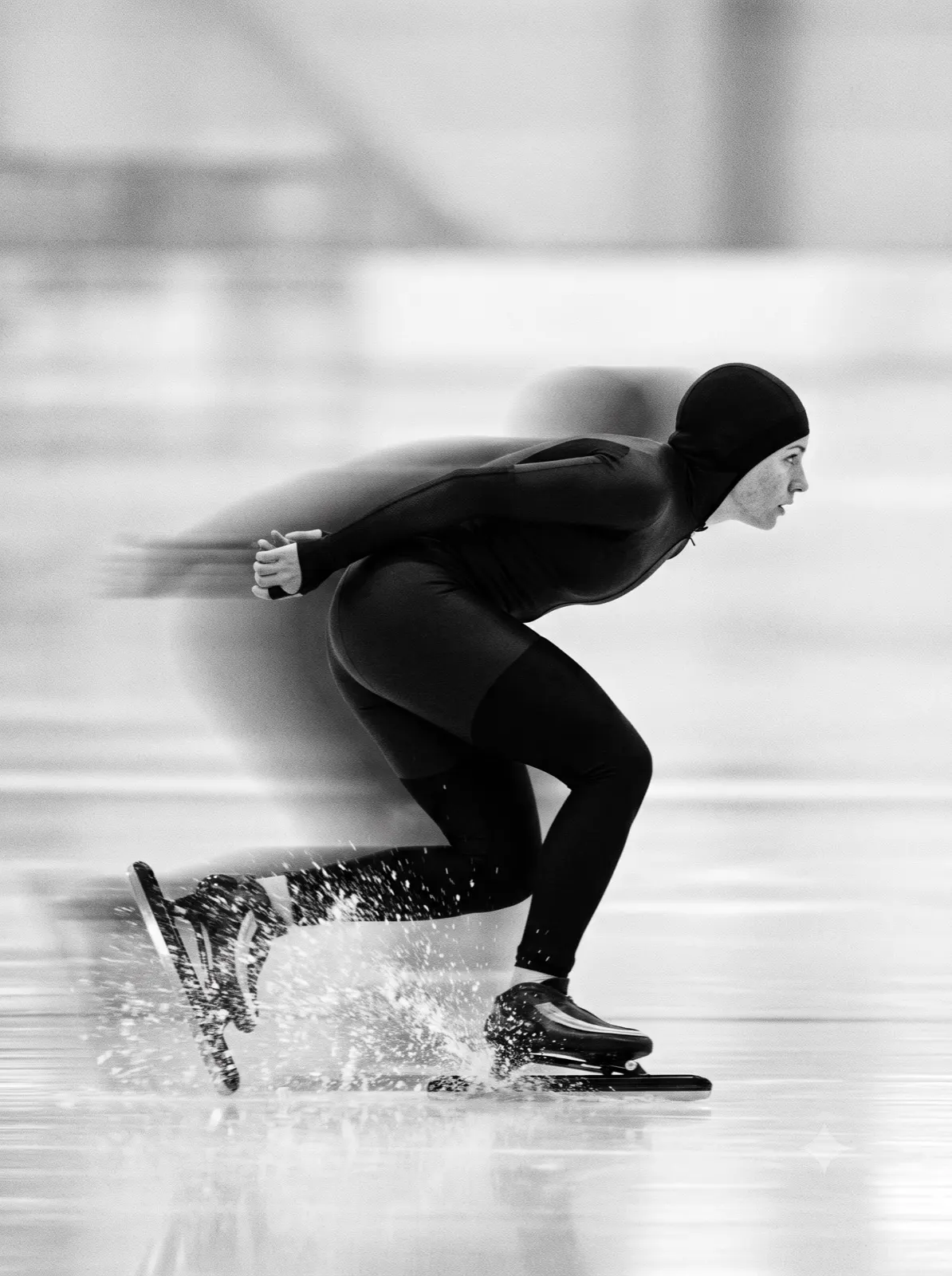 Speed skater in a corner, black and white shot