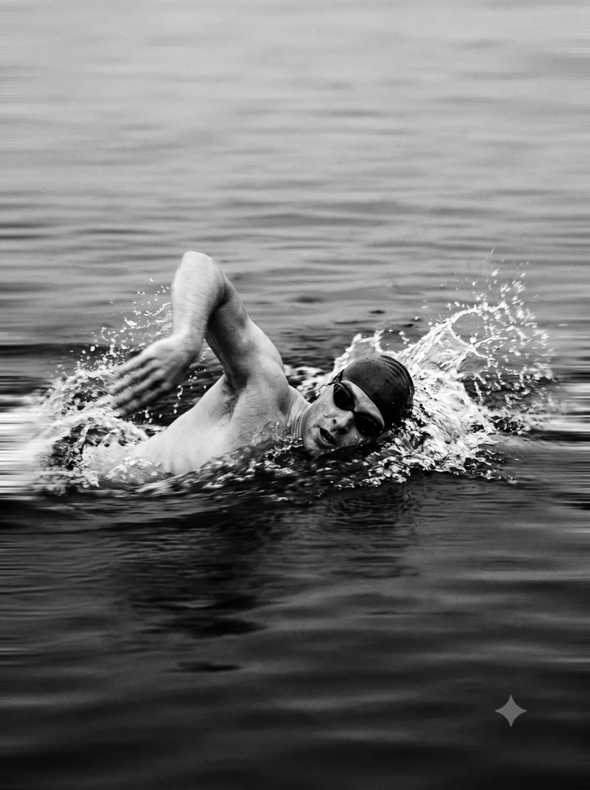 Exiting the water, black and white shot