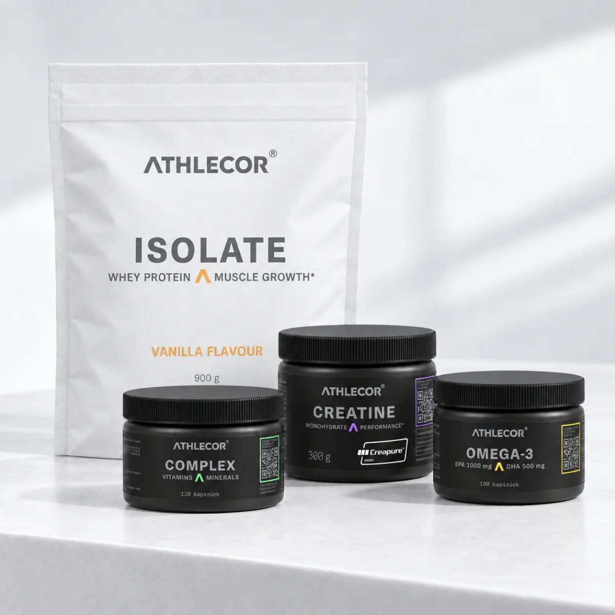 Zestaw System 8 tygodni: Whey Protein Isolate 900 g, Complex 120 kapsułek, Creatine Creapure 300 g, Omega-3 100 kapsułek
